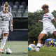 Montagem com fotos de jogadoras de Santos e Fluminense. Times se enfrentam no Brasileirão Feminino