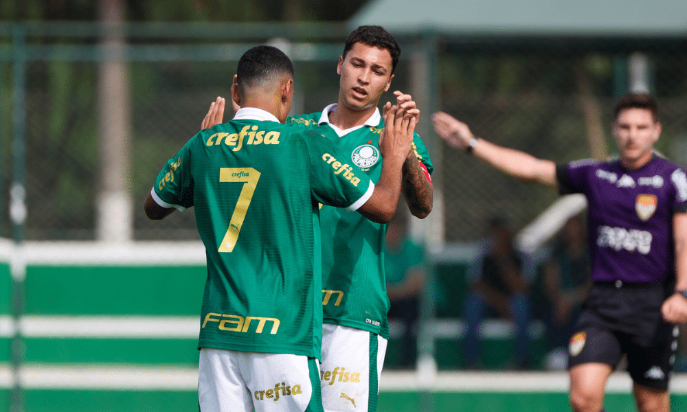 Jogadores do Palmeiras comemoram gol no Brasileirão Sub-20