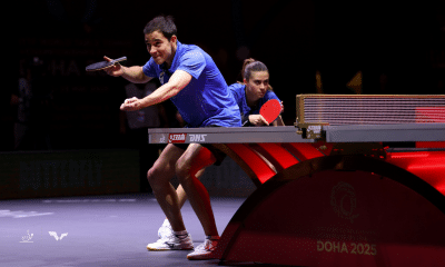 Hugo Calderano e Bruna Takahashi em jogo do WTT Star Contender de Ljubljana duplas mistas tênis de mesa