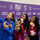 Ana Beatriz Fraga, Gabriela Maria Lin Hwang, Carolina Sol Borrelli, Maria Karina Galindo, no pódio do sabre feminino da esgrima durante os Jogos Pan Americanos Júnior Assunção-2025
