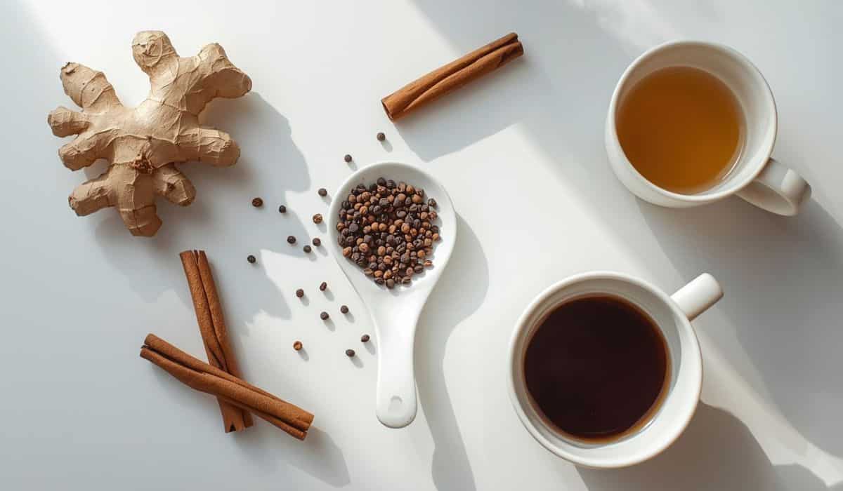 Alimentos termogênicos naturais como gengibre, pimenta e café sobre mesa