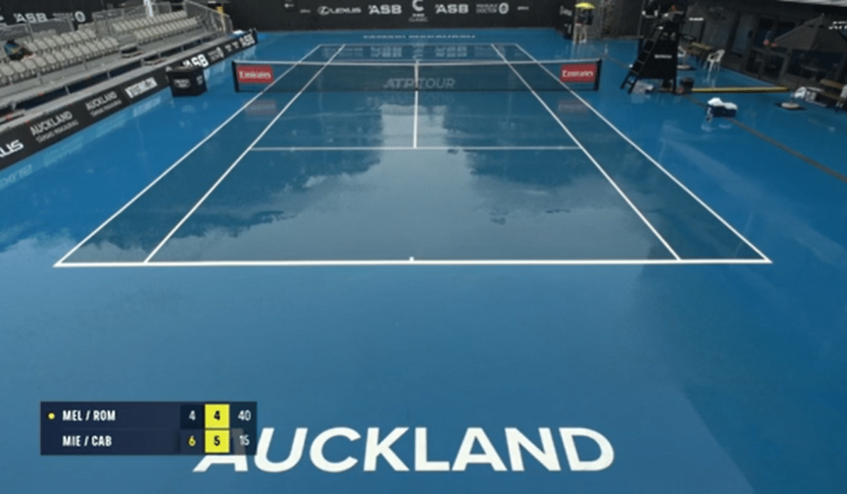 Chuva nas quadras em Auckland.