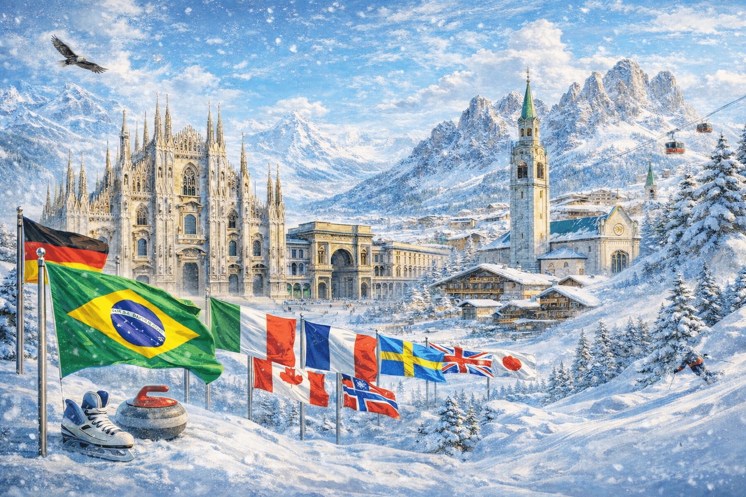Na imagem, representação de alguns dos países que estarão nos Jogos de Inverno de Milão-Cortina.