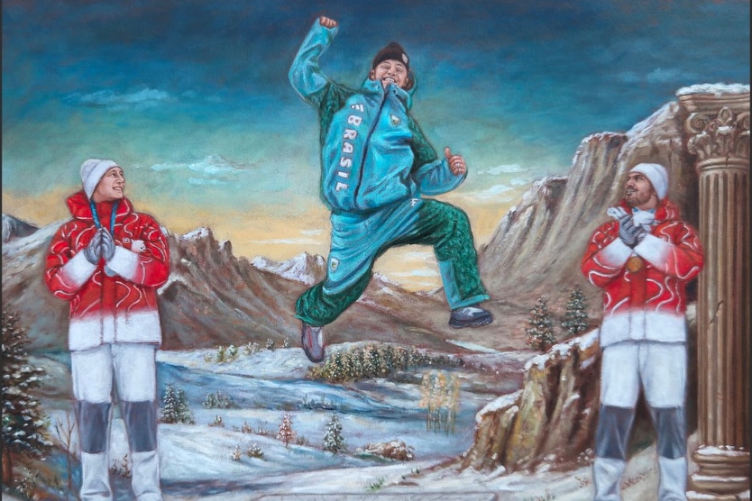 Na imagem, a pintura que Maurizio Rapiti fez para eternizar o pódio de Lucas Pinheiro.