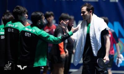 Hugo Calderano, Vitor Ishiy e Felipe Arado no Mundial de Tênis de Mesa por Equipes