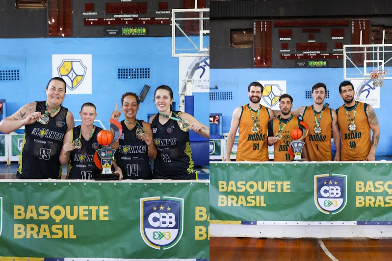 Na imagem, jogadoras do Sorriso Hornets e jogadores do Castrillon com suas medalhas.
