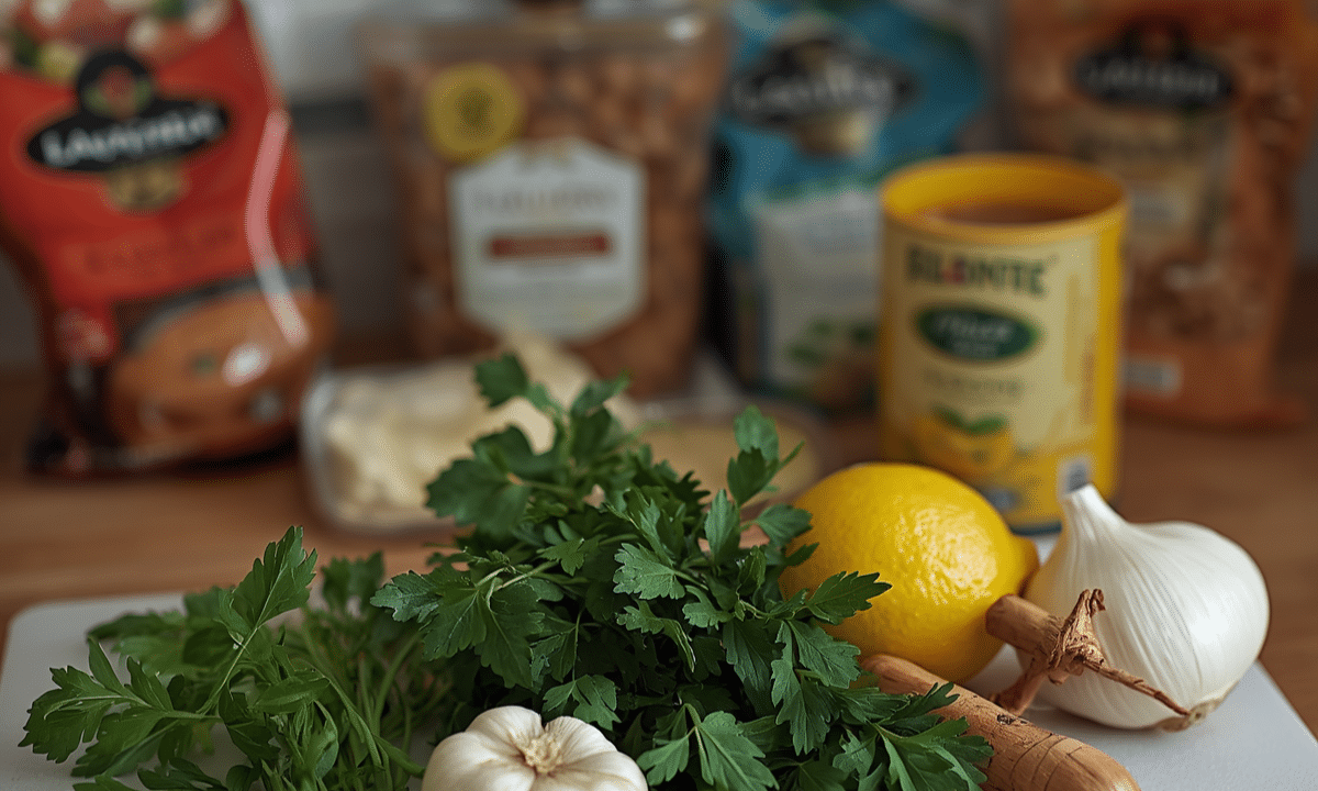 Foto horizontal de uma bancada de cozinha com alimentos embalados ao fundo e, em primeiro plano, ervas frescas, limão, alho, cebola e especiarias.