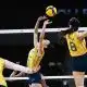 Julia Kudiess ataca pelo meio de rede em combinação com Macris. Acompanhe ao vivo ao duelo entre Brasil e Bélgica pela Liga das Nações - VNL 2026