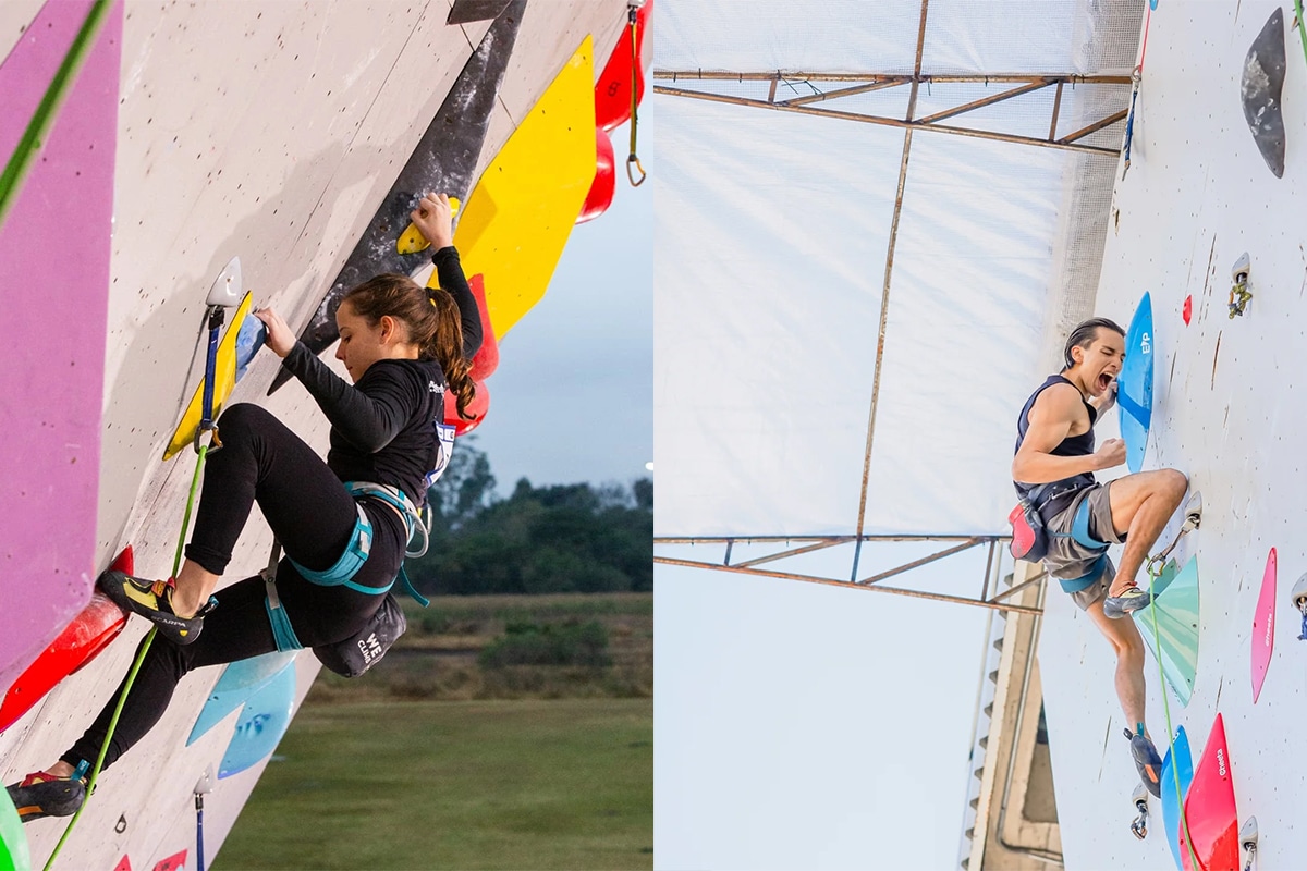 Na imagem, momentos de escaladas de boulder de Lara Pavanello e Luiz Guilherme Ziolkowski.