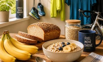 Alimentos simples como banana, pão e aveia ao lado de itens de corrida e ciclismo. imagem horizontal