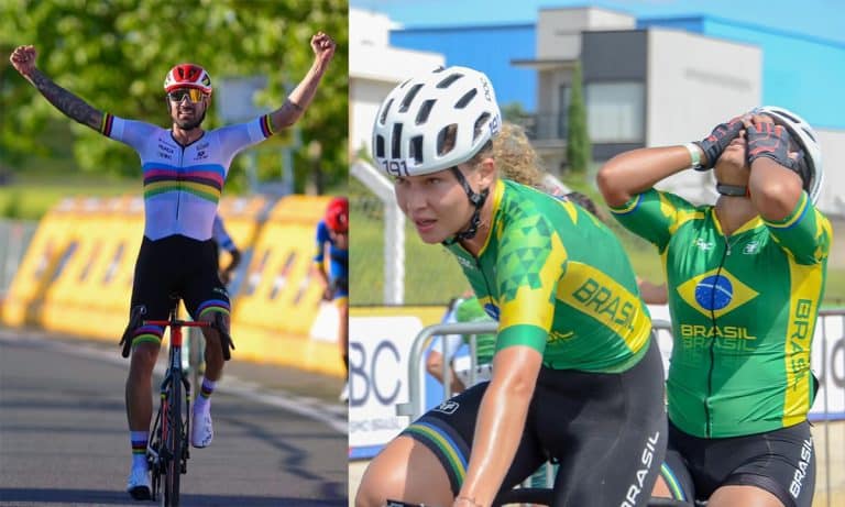 Nas imagens, Lauro Chaman e Viviane Soares, junto de sua atleta-guia, Lara Marinho, comemorando suas vitórias.