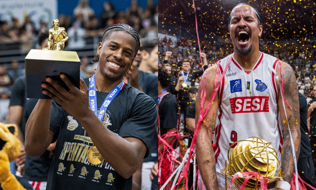 Lucas Dias e Georginho comemorando o título do pentacampeonato do NBB