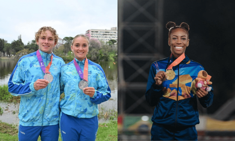 Da esquerda para a direita: Kaj e Zara Rozeboom, medalhistas no Sula por Aruba e Glenka Antonia, medalhista por Curaçao. (Fotos: Reprodução/ Instagram/297Sports/fdok.curacao)