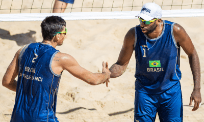 Evandro e Arthur Lanci nos Jogos Sul-Americanos Santa Fé 2026 de vôlei de praia