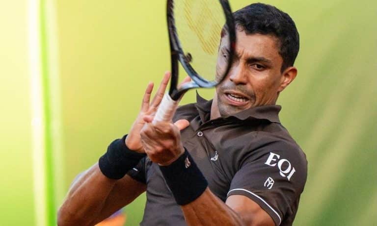 Thiago Monteiro em partida de ATP Challenger, tênis
