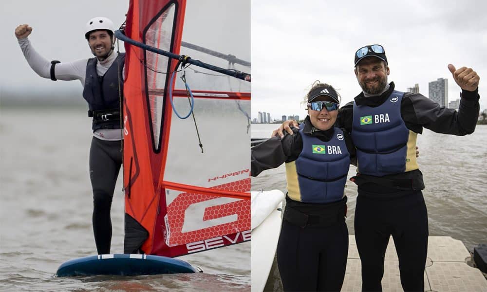 Na imagem, Guilherme Plentz comemorando no iQFoil e Juliana Duque e Rafael Martins comemorando ao lado do barco da Snipe.