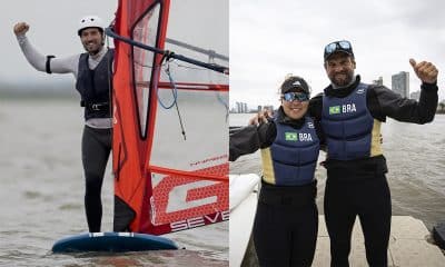 Na imagem, Guilherme Plentz comemorando no iQFoil e Juliana Duque e Rafael Martins comemorando ao lado do barco da Snipe.