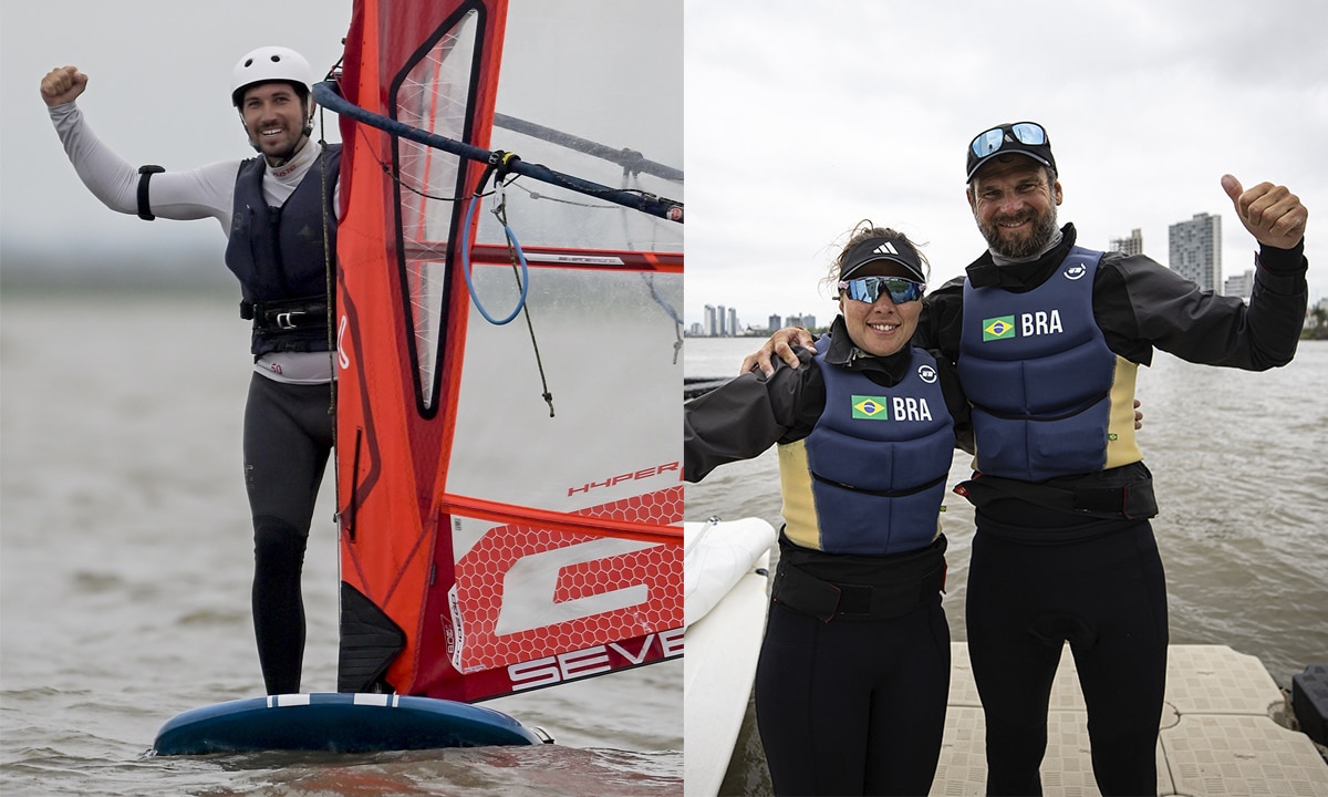 Na imagem, Guilherme Plentz comemorando no iQFoil e Juliana Duque e Rafael Martins comemorando ao lado do barco da Snipe.