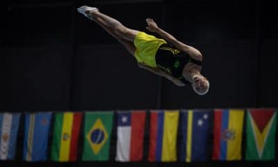 Vinícius Celestino conquistou a medalha de bronze no individual masculino na ginástica de trampolim nos Jogos Sul-Americanos