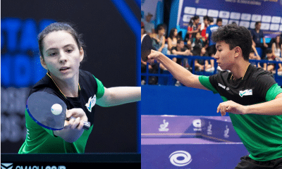 Na esquerda, Maiara Agnone, na direita, Vitor Thiofilo, ambos em ação em campeonatos de tênis de mesa. (Fotos: Reprodução/@vitorthiofilo/@maiara_sena09