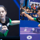 Na esquerda, Maiara Agnone, na direita, Vitor Thiofilo, ambos em ação em campeonatos de tênis de mesa. (Fotos: Reprodução/@vitorthiofilo/@maiara_sena09