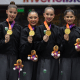 Cerimonia de premiação da Ginástica Rítmica por equipe, no Parque Independência, em Rosário. A equipe brasileira conquista a medalha de ouro na competição.Foto: Jonne Roriz/COB