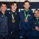 Fletcher Mazaheri (EUA), Marcello Olivares (EUA), Dominic de Almeida (BRA) e Guilherme Toldo (BRA) no pódio do Satélite Internacional de São Paulo (Foto: CBEsgrima)